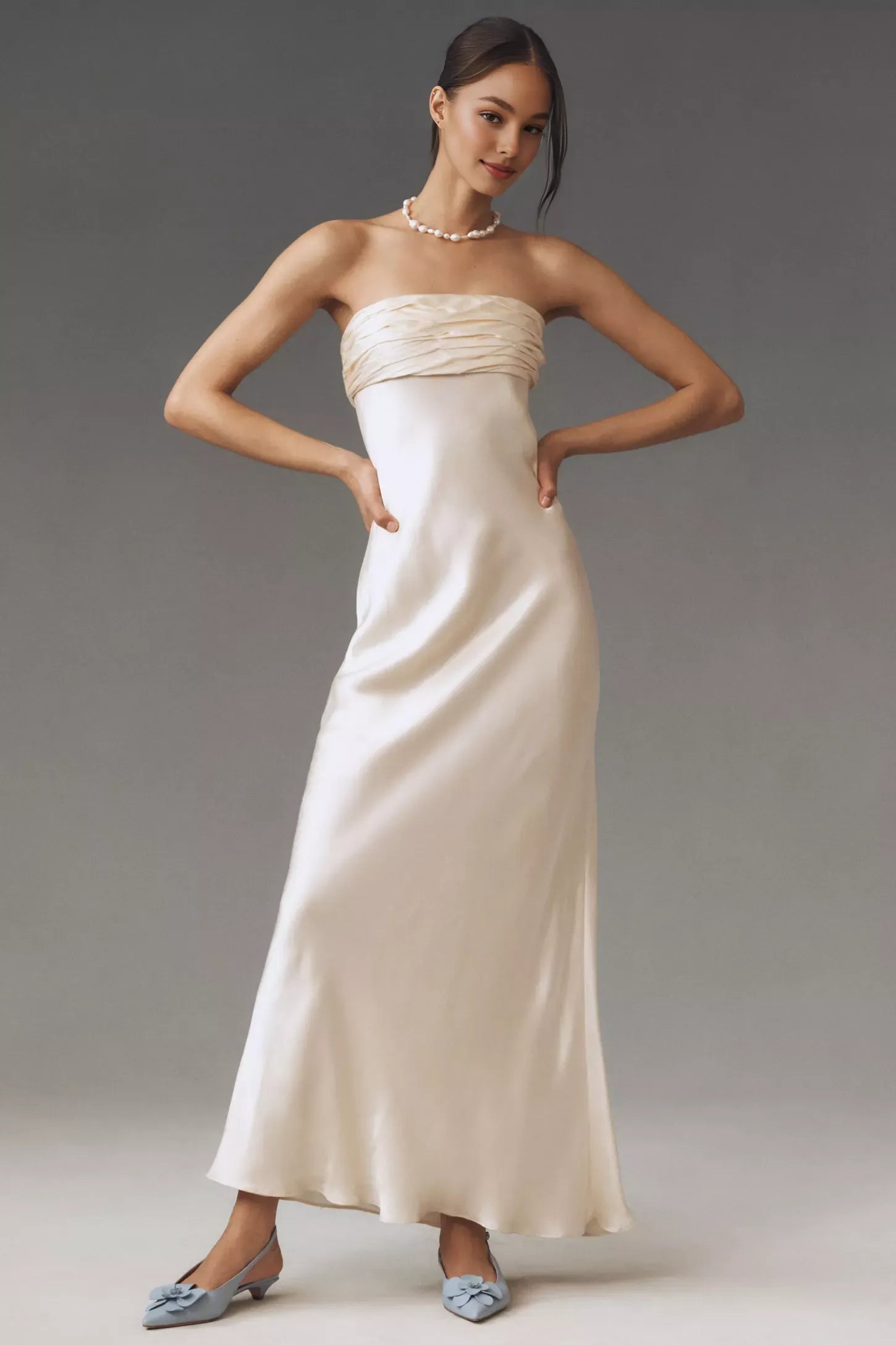 Weitese Dress Strapless Ruched Satin Maxi Dress Simple Back Zip Sleeveless Prom Dress